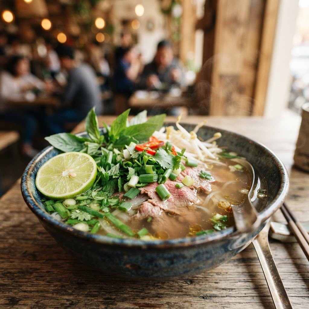 A bowl of Vietnamese noodle soup with fresh herbs and lime