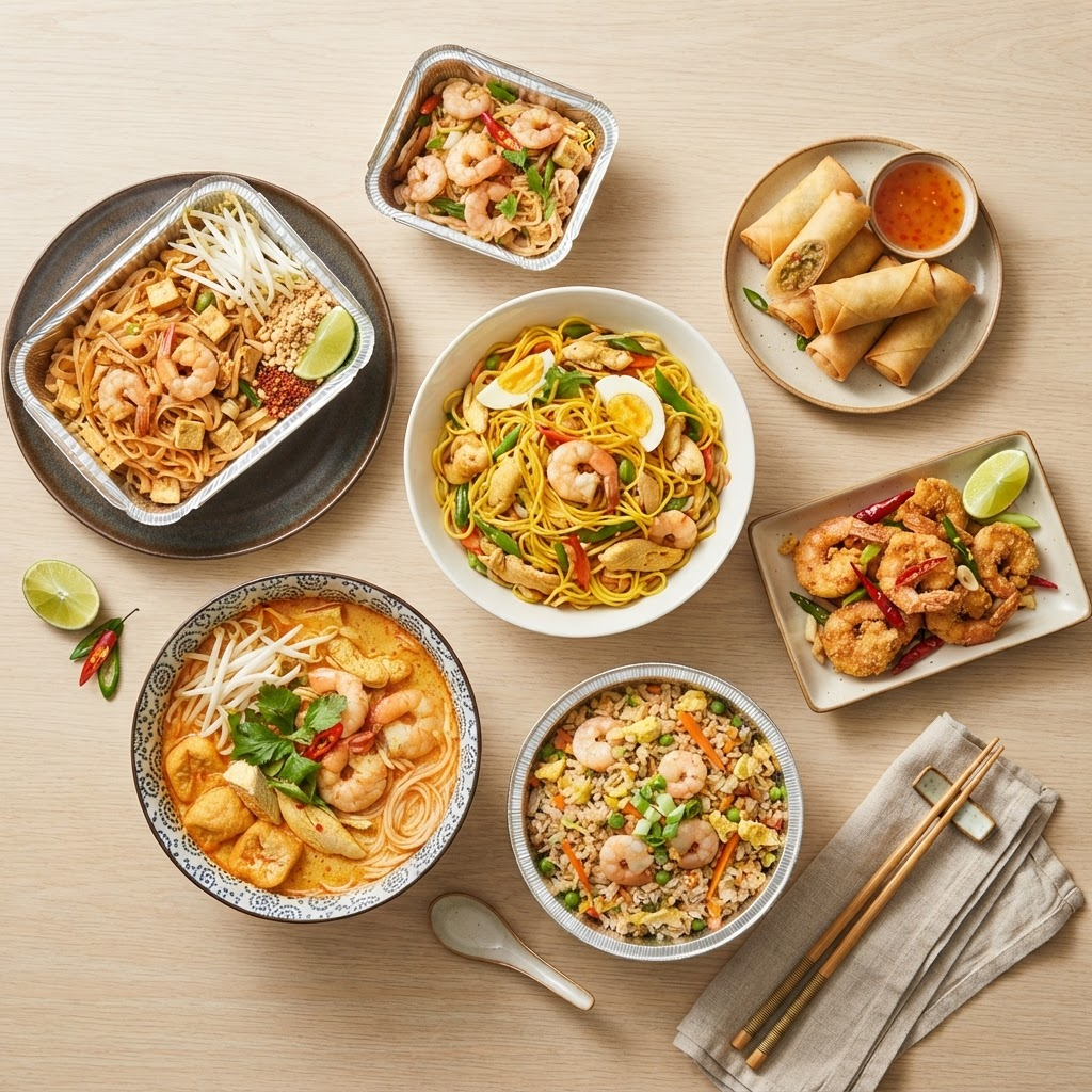 A spread of Vietnamese takeaway dishes including noodles, fried rice and spring rolls